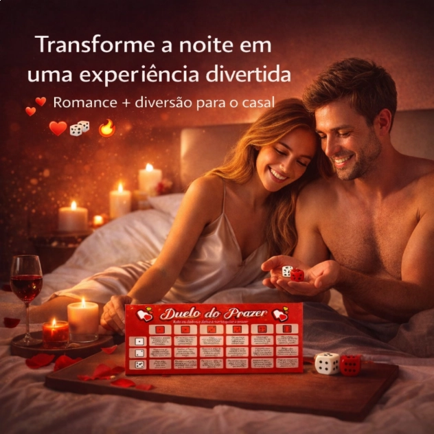 Jogo de tabuleiro Duelo do Prazer Romântico com dados e desafios para casal