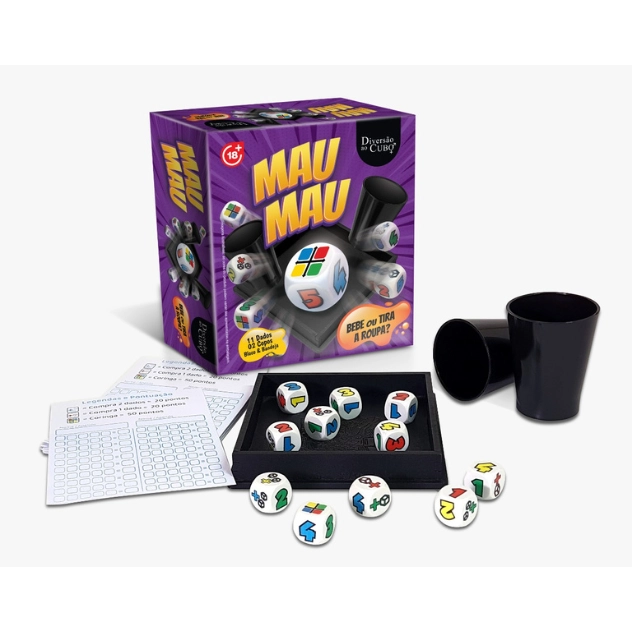 Jogo Mau Mau Bebe ou Tira a Roupa Com 11 Dados e 02 Copos Diversão Ao Cubo