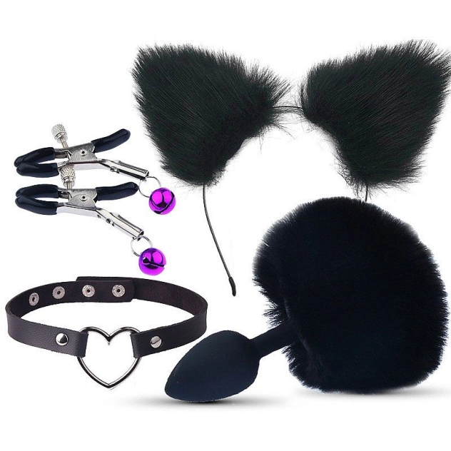 Kit BDSM 4 em 1 com Rabo de Coelho com Tiara Grampos para os seios em Metal e Gargantilha Preto