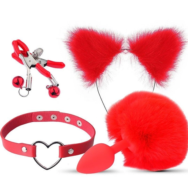 Kit BDSM 4 em 1 com Rabo de Coelho com Tiara Grampos para os seios em Metal e Gargantilha Vermelho