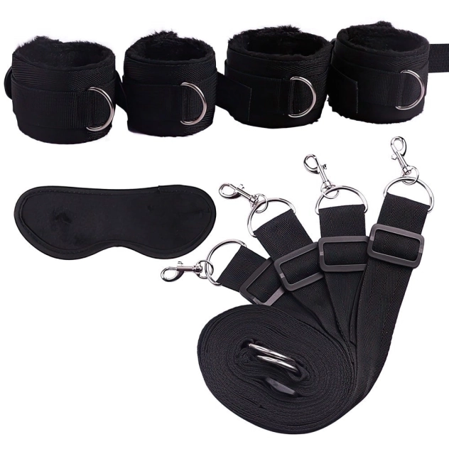 Separador de Perna e Braço com Algema para Cama e Venda BDSM Preto - YOUVIBE