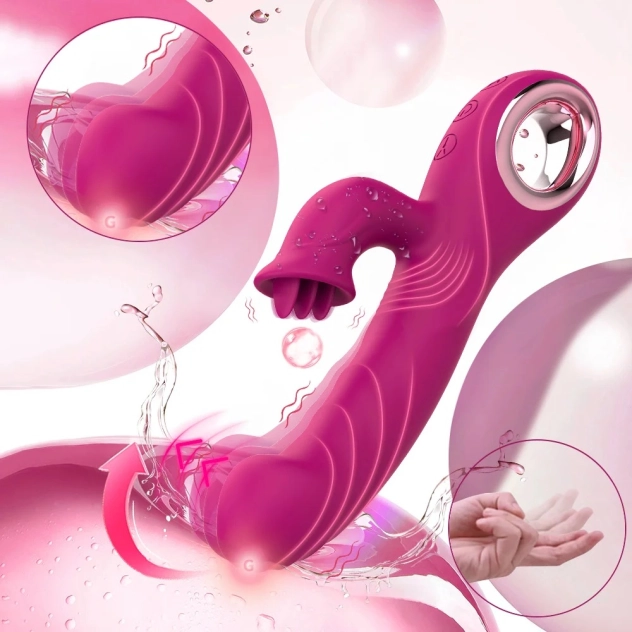 Vibrador duplo com movimento de dedilhar e estimulador clitoriano em silicone recarregável