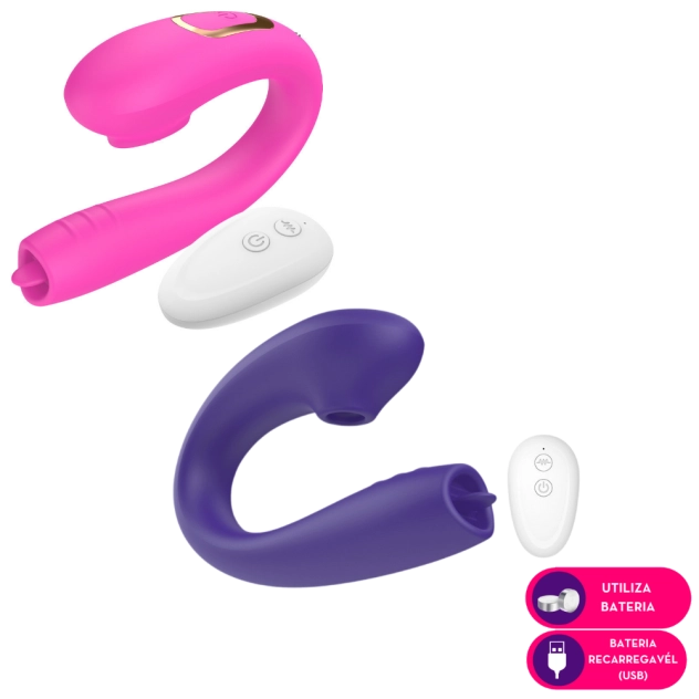 Vibrador Duplo Ponto G com Língua Mágica e Estimulador Clitoriano Por Ondas de Pressão Com Controle