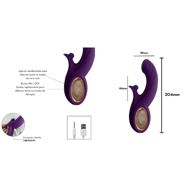 Vibrador ponto G roxo com estimulador clitoriano e formato de glande