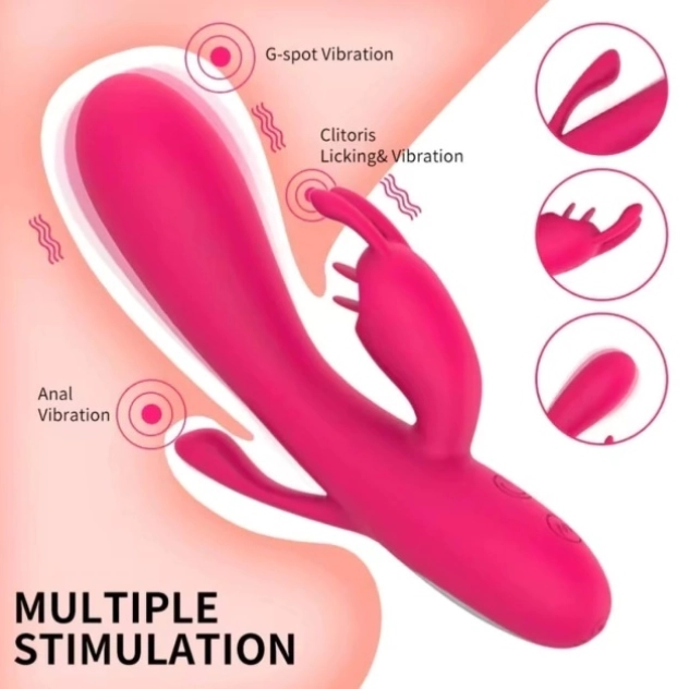Vibrador Triplo vermelho com estimuladores para clitóris, ânus e vagina