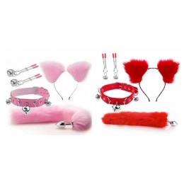 Kit Bondage Fox 2 com 4 Itens - Tiara de Pelúcia + Plug Anal Com Cauda + Prendedor de Mamilo Com Sino + Coleira Com Sino