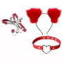 Kit BDSM 4 em 1 com Rabo de Coelho com Tiara Grampos para os seios em Metal e Gargantilha Vermelho