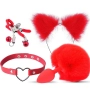 Kit BDSM 4 em 1 com Rabo de Coelho com Tiara Grampos para os seios em Metal e Gargantilha Vermelho